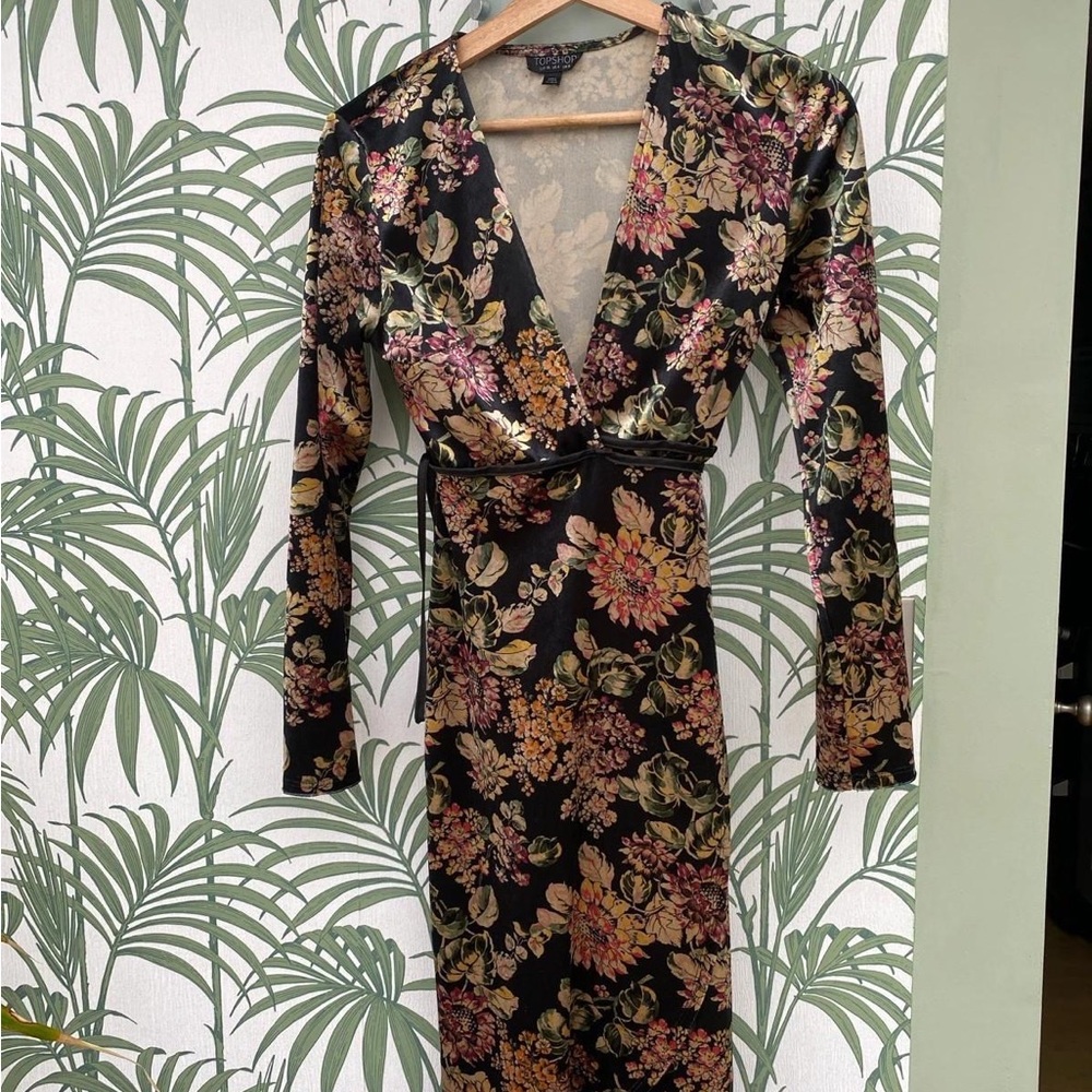Topshop Orange Plunge Neck Long Sleeve Dress